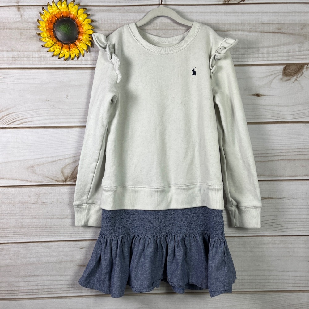 Polo Ralph Lauren Girls Ruffle Sweatshirt Dress Smocked Chambray Skirt L 12-14